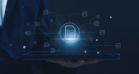 Poster - Businessman using tablet managing folder data and document management system DMS, information computer technology ICT files storage for business data, organizing document sharing and transfer internet