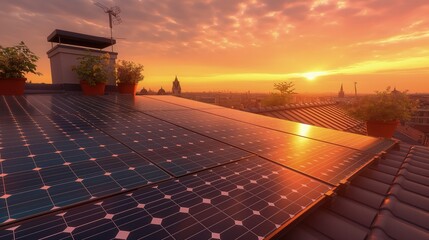 Wall Mural - An energy-efficient, solar panel installation on a rooftop, depicted at sunset to emphasize sustainability and home improvement.
