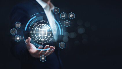 Poster - Businessman online internet sharing data transferring information with others, sharing files and documents to store data safety online information computer system ICT. graphics illustration banner.