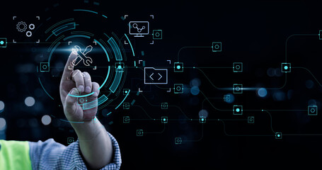 Leinwandbilder - Software engineering designing programming code application softwares development using AI digital artificial intelligence, computer internet technology industry graphical icon, banner background.