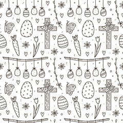 Poster - Cute seamless pattern with Easter eggs, butterflies and flowers. Vector hand-drawn doodle illustration. Perfect for holiday designs, print, decorations, wrapping paper, wallpaper.