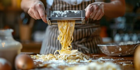 Wall Mural - Making fresh pasta from scratch with a pasta machine