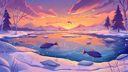 Wall Mural - Winter twilight over a tranquil fish filled lake