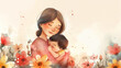 Watercolor Mother's Day card. Mom & daughter in warm embrace. Diverse options, flowers bloom. copy space