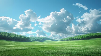 Wall Mural - Green rolling hills under blue sky and white clouds