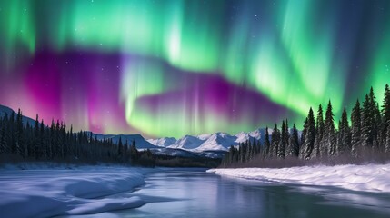 Wall Mural - Aurora borealis over a frozen river in Alaska