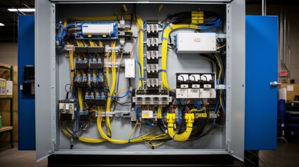 Industrial electrical control panel with fuses, circuit breakers and wires