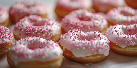 Wall Mural - Delicious Heart Shaped Doughnuts with Pink and White Sprinkles.