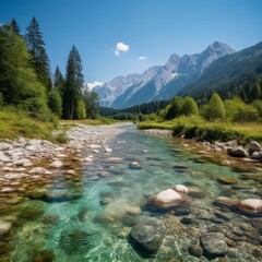 Wall Mural - A beautiful landscape of a mountain river flowing through a valley on a sunny day