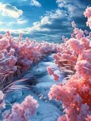 Wall Mural - Icy pink flower field with a creek running through it