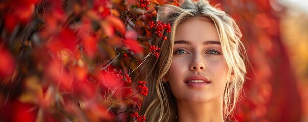 autumn portrait of a blonde woman near red foliage wall
