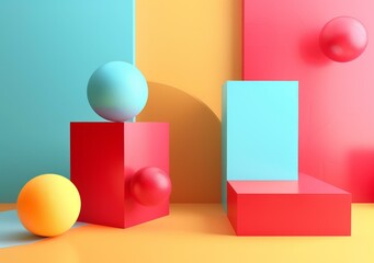 Wall Mural - 3D rendering of geometric shapes with balls and podiums