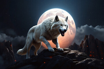 A white wolf roars on the hill under the red moon at night