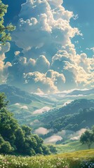 Wall Mural - Green hills and white clouds