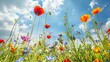 A field of colorful wildflowers swaying in the breeze under a bright sunny sky, a picturesque nature background.