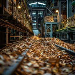 Wall Mural - An industrial building interior with a large pile of wood chips on the floor