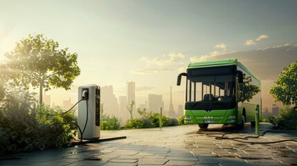 Stockphoto, copy space, modern public transport bus charging on an electric charging point, renewable energy theme. Clean green energy, zero waste. hyper realistic 