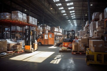 Wall Mural - A large warehouse with forklifts and shelves full of boxes