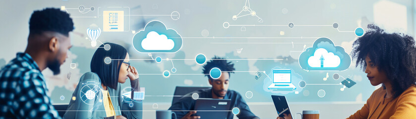 A portrait of a digital workforce collaborating through cloud computing platforms, signifying labor market evolution