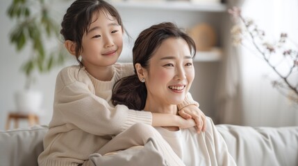 Asian woman sitting on the sofa with her daughter into hugging mom's shoulder, both smiling happy on living room.