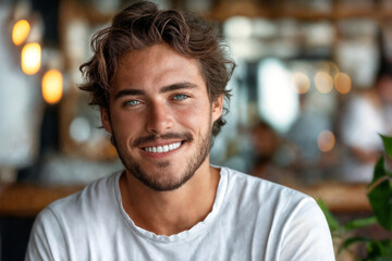 Wall Mural - Close up portrait of white handsome man wearing white shirt in cafe interior