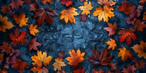 colorful autumn leaves on dark blue wooden background