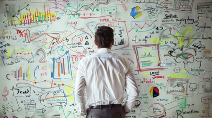 Aufkleber - A businessman brainstorming financial ideas on a whiteboard, mapping out plans for business growth and financial success.