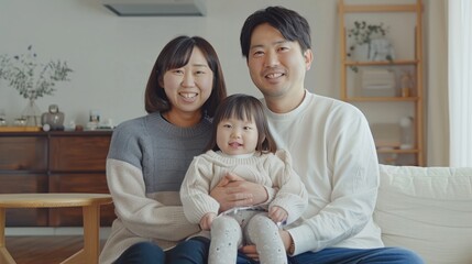 Wall Mural - Happy asian family sitting on the sofa in the living room, The mother and father with their daughter smiling at the camera, Wearing a white shirt, Grey sweater and blue jeans.