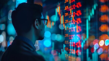 Poster - A businessman studying stock performance charts, making informed decisions for investment portfolios and financial growth.