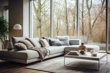 A modern living room with a large window looking out onto a forest