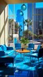 Blue modern hotel lobby with chairs and sofa