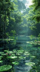 Canvas Print - Mystical Green Landscape with Glowing Mushrooms and a Tranquil River