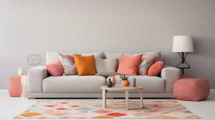 Canvas Print - A living room with a sofa, coffee table, rug, and lamp