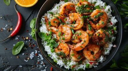 Wall Mural - A plate of shrimp with rice and vegetables