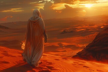 Sticker - A lone figure in a white cloak stands on a dune in the middle of a vast desert