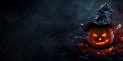 Wall Mural - Jack-o'-Lantern with Witch Hat and Ample Copy Space