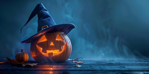 Wall Mural - Jack-o'-Lantern Wearing a Witch Hat on a Copy Space Background