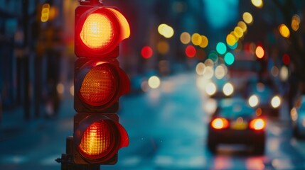 Aufkleber - A close-up of a red traffic light, signaling vehicles to stop and ensure safety at a busy urban junction.