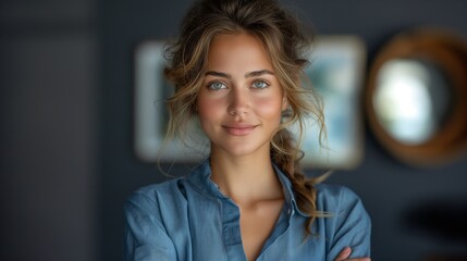 Wall Mural - Happy young smiling confident professional business woman wearing blue shirt, pretty stylish female executive looking at camera, standing arms crossed at grey background concept.