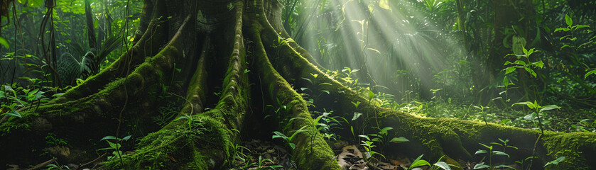 Wall Mural - Sunlit mossy tree trunk in dense forest. Spring day in the rainforest. World Environment Day and carbon neutrality themes. Environmental conservation and natural carbon sinks. Sustainable forests.