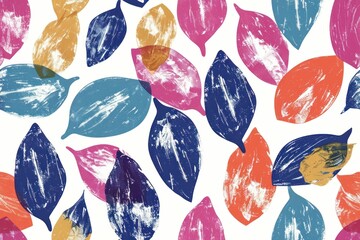 Wall Mural - Colorful Leaf Pattern on White Background with Blue, Orange, and Pink Colors Abstract Botanical Design for Backgrounds and Textiles