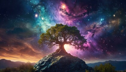 Wall Mural - cosmic nebula growing gigantic tree, growing on asteroid,tree of life, art design