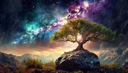 Wall Mural - cosmic nebula growing gigantic tree, growing on asteroid,tree of life, art design