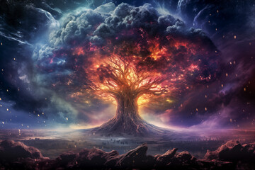 Wall Mural - cosmic nebula growing gigantic tree, growing on asteroid,tree of life, art design