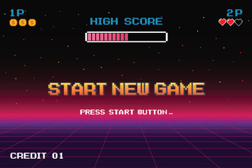 Poster - start new game .press start button .pixel art .8 bit game. retro game. for game assets in vector ill