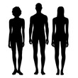 Vector silhouettes of a man and two young attractive slender women, standing, black color, isolated on a white background
