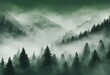 濃い霧がかかった針葉樹林の山々