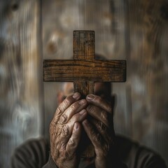 Hands Holding Wooden Cross, Rustic Faith Symbol