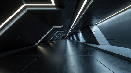 Wall Mural - Dark garage background, empty futuristic room with white led light, interior of modern hall in future. Concept of black warehouse, technology, studio, game