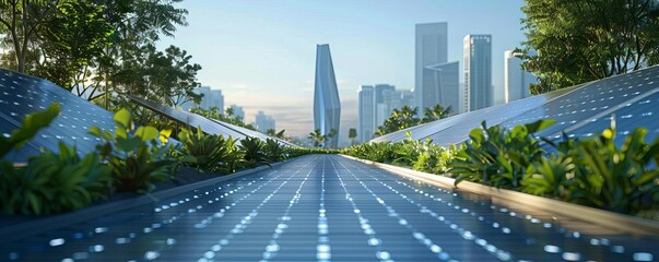 Solar panels lining the walkway of a futuristic city park